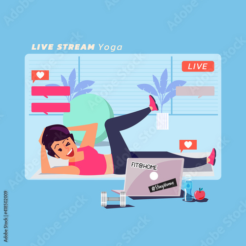 women doing yoga on live stream, online class - vector illustration