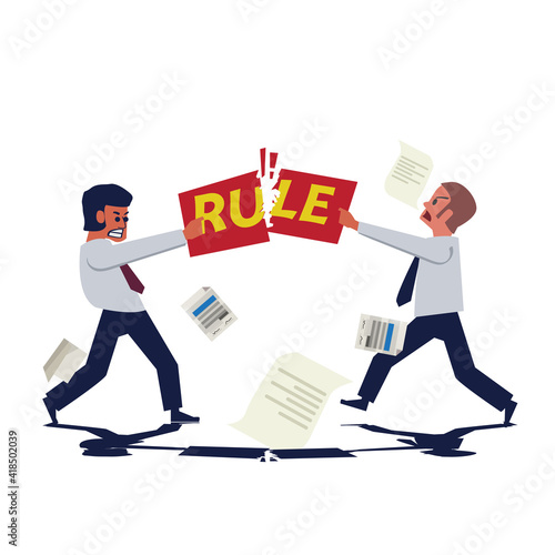 businessman fight to tearing paper with "rule" text. no rule concept - vector illustration