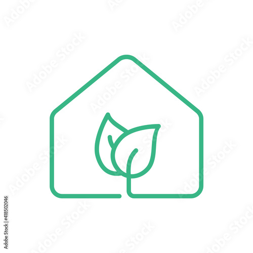 Green house icon. Eco home logo. Simple house with leaf line icon. Smart building. Sustainable lifestyle concept. Green living sign. Gardening and botanical symbol. Vector illustration, flat, clip art