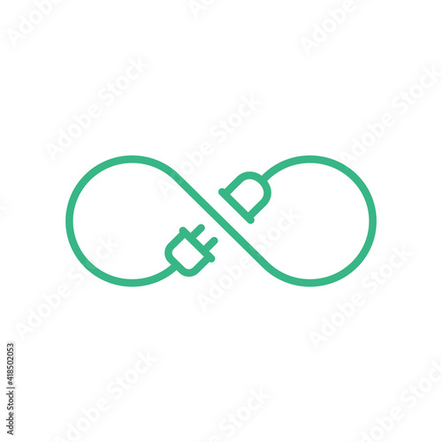 Infinite sign with a plug and outlet. Sustainable energy concept. Alternative energy sources. Green limitless power symbol. Efficient eco friendly electricity usage. Vector illustration, flat,clip art