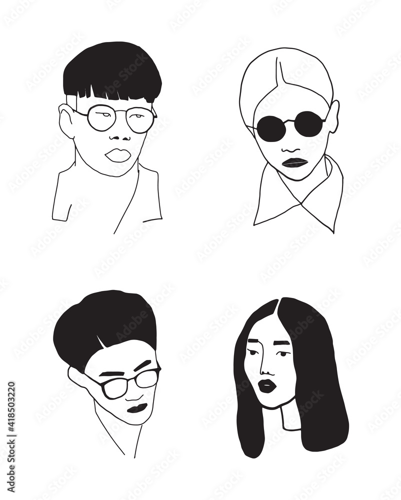 Vector illustration with doodle sketch. Linear portrait of woman, men. Vector illustration with doodle sketch. Linear portrait of woman, men.