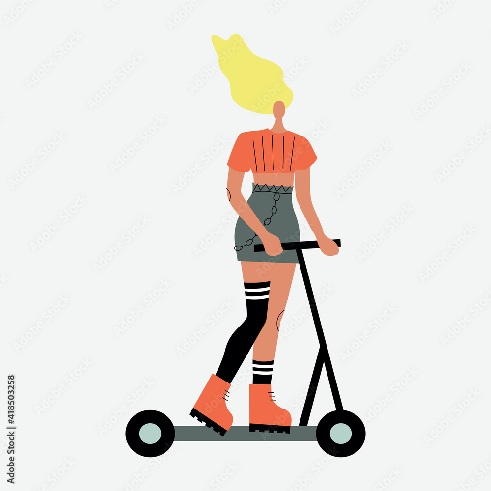 Vector illustration with woman riding kick scooter. Cartoon charcater. Vector illustration with woman riding kick scooter. Cartoon charcater.