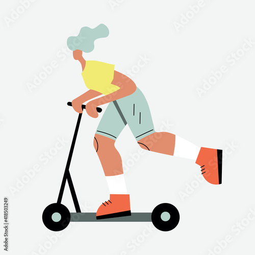 Vector illustration with woman riding kick scooter. Cartoon charcater.
