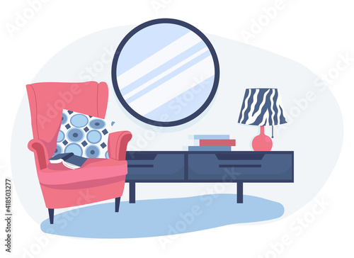 Modern livingroom interior. Livingroom corner with an armchair, commode and mirror. 