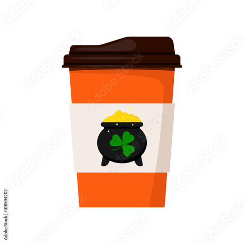 St Patrick day coffee or tea cup to go. Hot drink mug with cauldron with gold coins and good luck irish charm clover isolated on white background. Vector flat design cartoon style coffee to go cup.