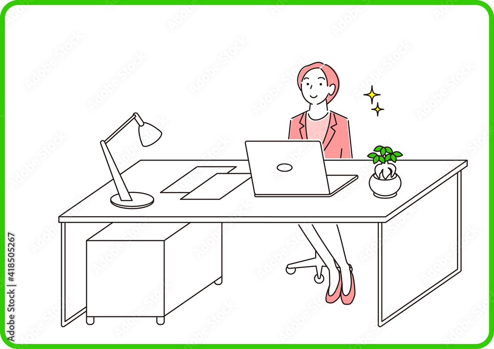 Fototapeta premium パソコンの前に座ってオンラインで会話をしているスーツ姿の女性 程よいシンプルなイラスト ベクター
