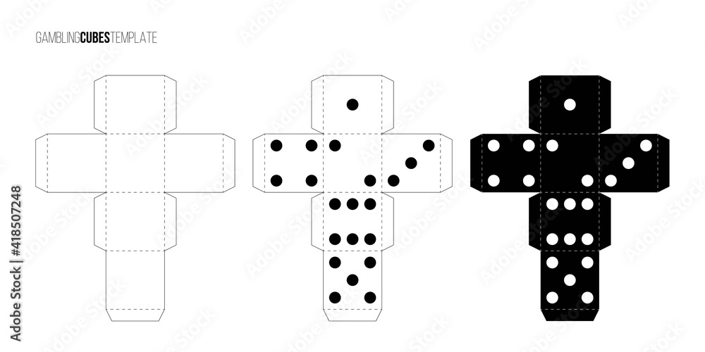 Cubes for gambling paper template set. Casino craps and playing games vector illustration. Poker cubes cutout black and white blueprints, numbers with dots isolated on white background Cubes for gambling paper template set. Casino craps and playing games vector illustration. Poker cubes cutout black and white blueprints, numbers with dots isolated on white background