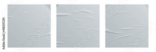 Glued white square paper sheets set. Vector isolated realistic crumpled posters bundle. Wet greased wrinkles blank template texture. Empty advertising column mockup for creative design.