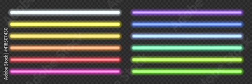 Neon light tubes set on transparent background. Blue, white, yellow, orange, green, pink, red led lines glowing vector illustration. Electric color pack design for party or clubs