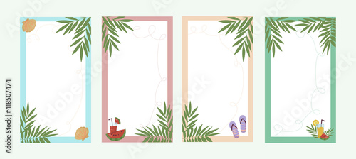 Stories on social media. Frame with tropical leaves and summer items - flip flops, fruit cocktail and sea shell. Vector invitation card, design template