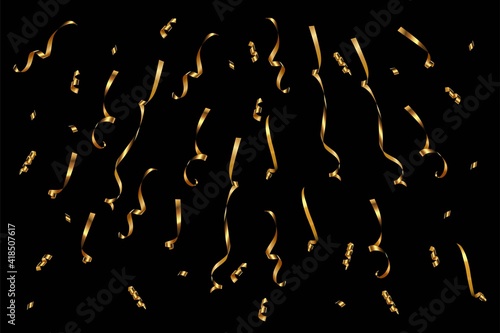Gold confetti falling on black background. Birthday party or Christmas celebration event vector illustration. Realistic shiny golden paper decoration, surprise effect