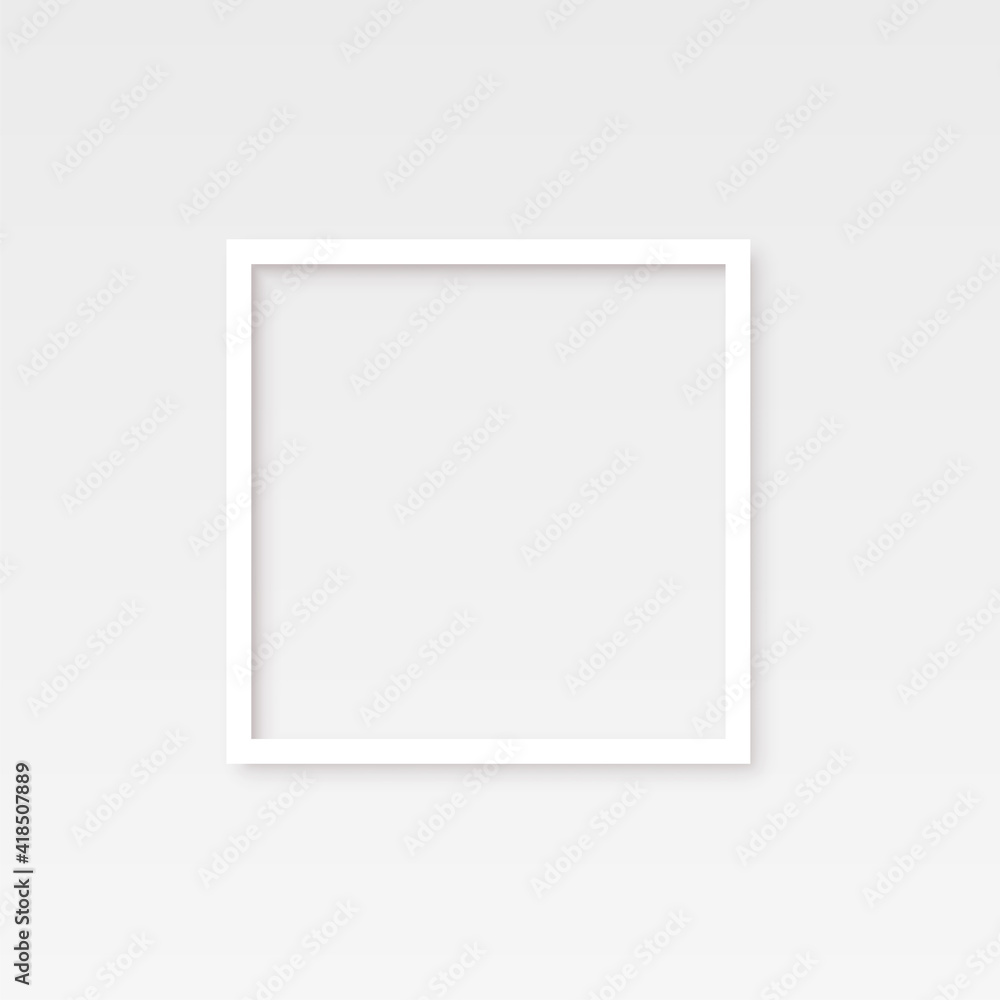 White square frame for picture on wall on gray background. Blank space for picture, painting, card or photo. 3d realistic modern template vector illustration. Empty wooden or plastic element White square frame for picture on wall on gray background. Blank space for picture, painting, card or photo. 3d realistic modern template vector illustration. Empty wooden or plastic element