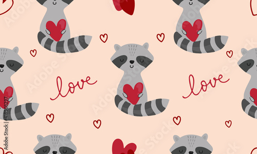 Seamless pattern with raccoons, hearts. Background for wrapping paper, textile, posters, cards. Happy Valentine's day.