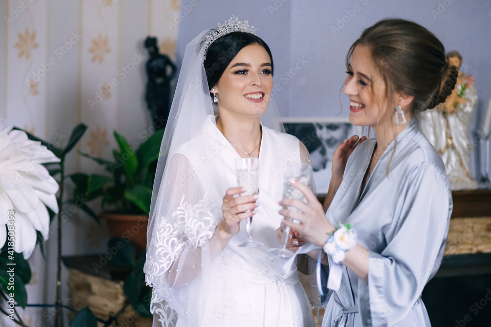 A beautiful and elegant bride with bridesmaids, dressed in an elegant robe, holding a glass of champagne, smiling. A beautiful and elegant bride with bridesmaids, dressed in an elegant robe, holding a glass of champagne, smiling.