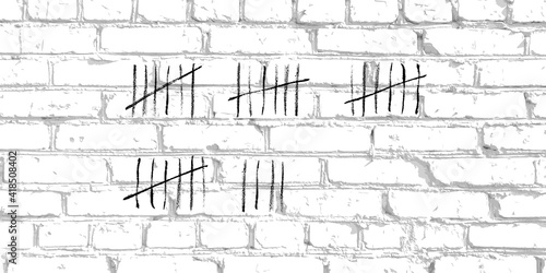 Count tally on brick wall in prison. Jail black marks scratched and crossed out vector illustration. Counting days, weeks and waiting. Time counter on white stone background