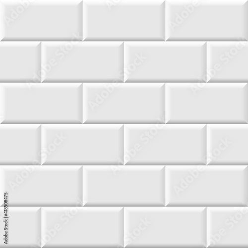White metro tiles seamless background. Subway brick pattern for kitchen, bathroom or outdoor architecture vector illustration. Glossy building interior design tiled material