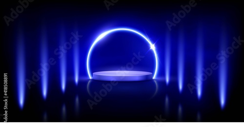 Glowing neon blue circle with sparkles on podium, spotlight lines on black background. Abstract round electric light frame. Geometric fashion design vector illustration. Minimal ring art decoration