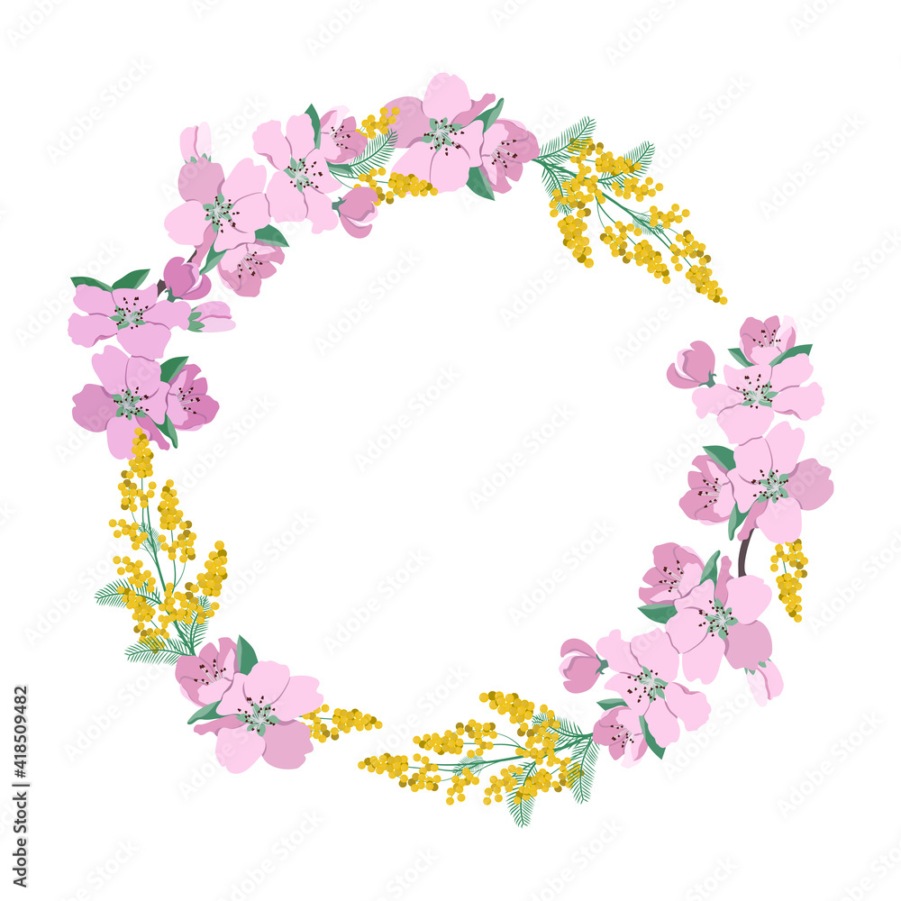 Graphic sacura wreath and mimosa. Traditional symbol of spring. Floral design isolated on white background.