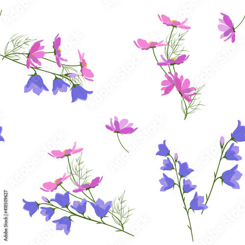 Seamless vector illustration with delicate wildflowers on a white background.