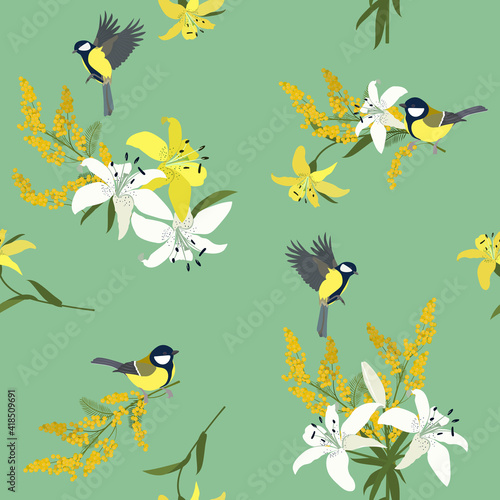 Vector seamless illustration spring mimosa  white lily and titmouse on a green background.