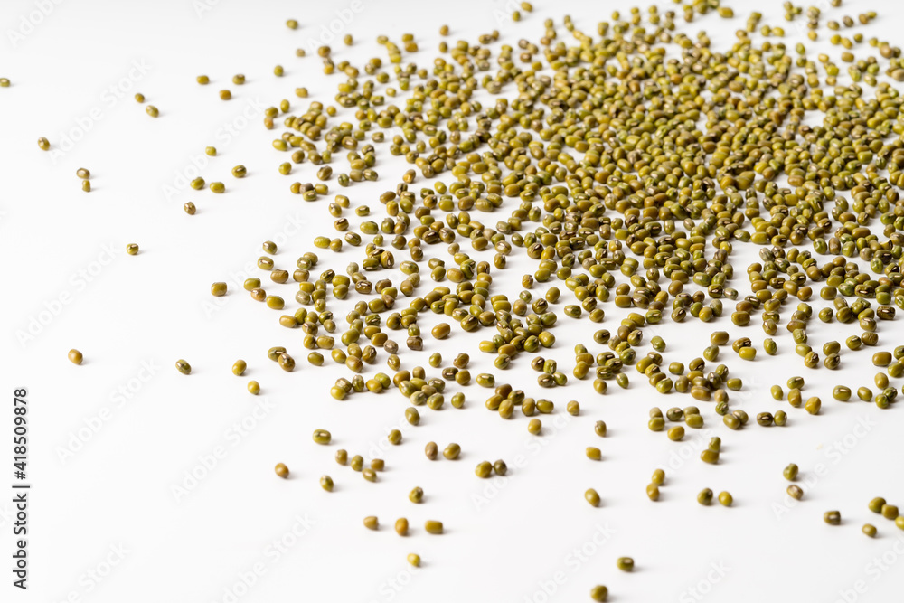 Fresh mung beans on pure white background