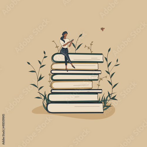 Concept:book is source of knowledge.Tiny african woman sitting on stack of books and reading book.Pile of volumes surrounded by plants as symbol of education.For library or bookstore.Hand drawn vector