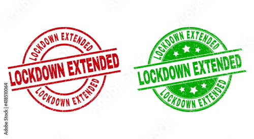Round LOCKDOWN EXTENDED stamp badges. Flat vector distress stamp watermarks with LOCKDOWN EXTENDED text inside circle and lines, in red and green colors. Rubber imitations with distress surface.