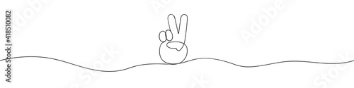Continuous line drawing of victory sign. Two fingers are raised up. Vector illustration on white background. Self drawing. 