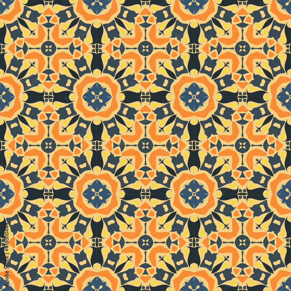 Trendy bright color seamless pattern in blue orange yellow  for decoration, paper, tiles, textiles, carpet, pillows. Home decor, interior design, cloth design.