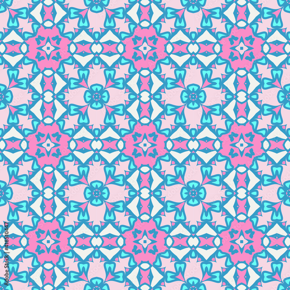 Trendy bright color seamless pattern in white pink blue for decoration, paper, tiles, textiles, carpet, pillows. Home decor, interior design, cloth design.