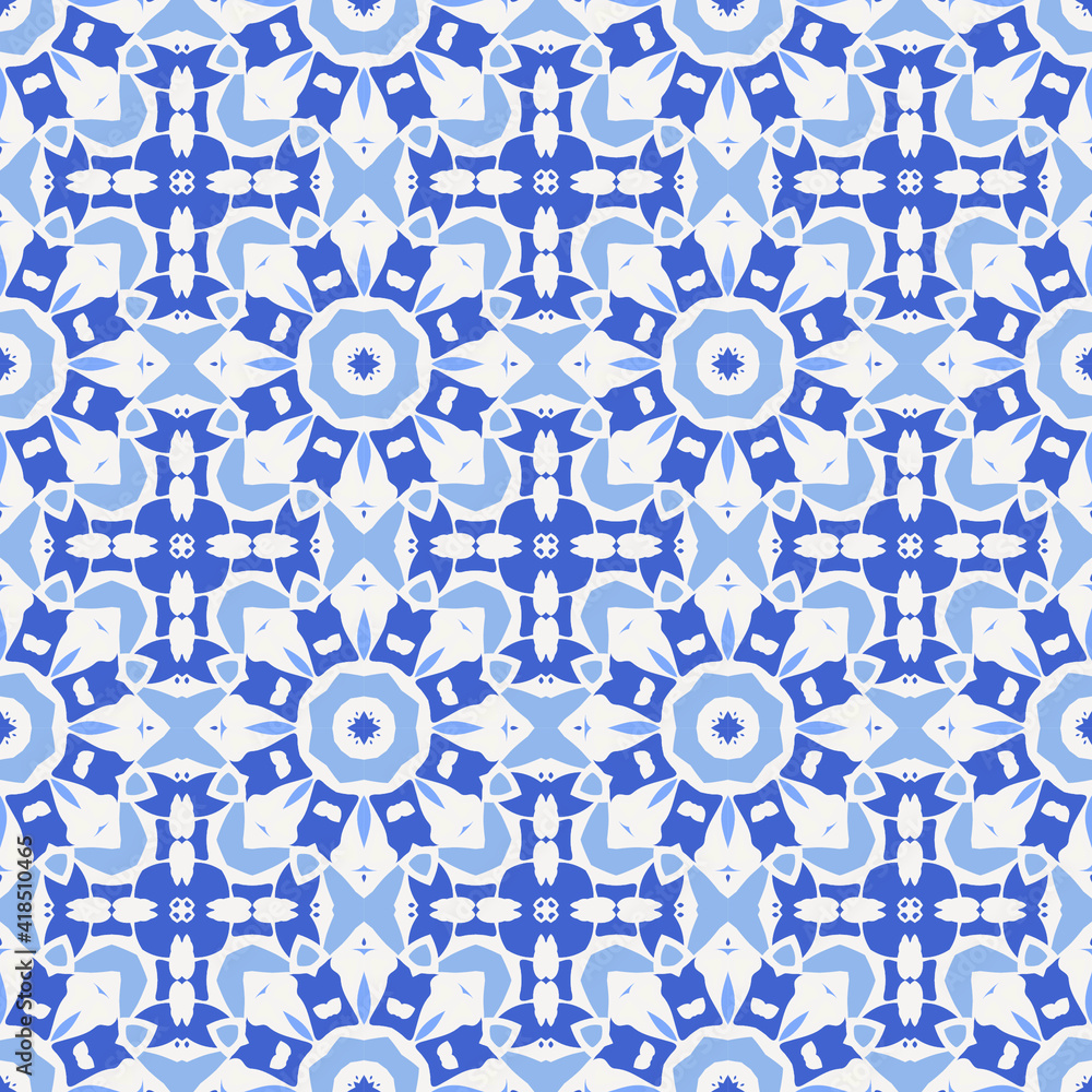 Trendy bright color seamless mandala pattern in white blue for decoration, paper, tiles, textiles, carpet, pillows. Home decor, interior design, cloth design.
