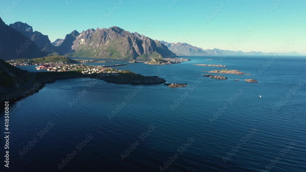 aerial view. flight over the Atlantic ocean,view on the fishing village Reine and Hamnoya .Lofoten Islands,Norway. aerial view. flight over the Atlantic ocean,view on the fishing village Reine and Hamnoya .Lofoten Islands,Norway.