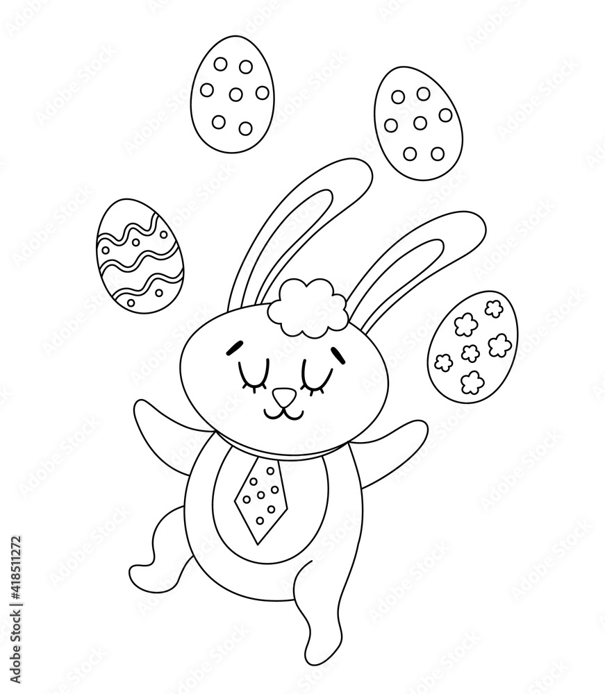 Vector Easter black and white bunny icon. Rabbit outline juggling with colored eggs isolated on white background. Greeting card template with cute adorable animal for kids. Funny spring hare. Vector Easter black and white bunny icon. Rabbit outline juggling with colored eggs isolated on white background. Greeting card template with cute adorable animal for kids. Funny spring hare.