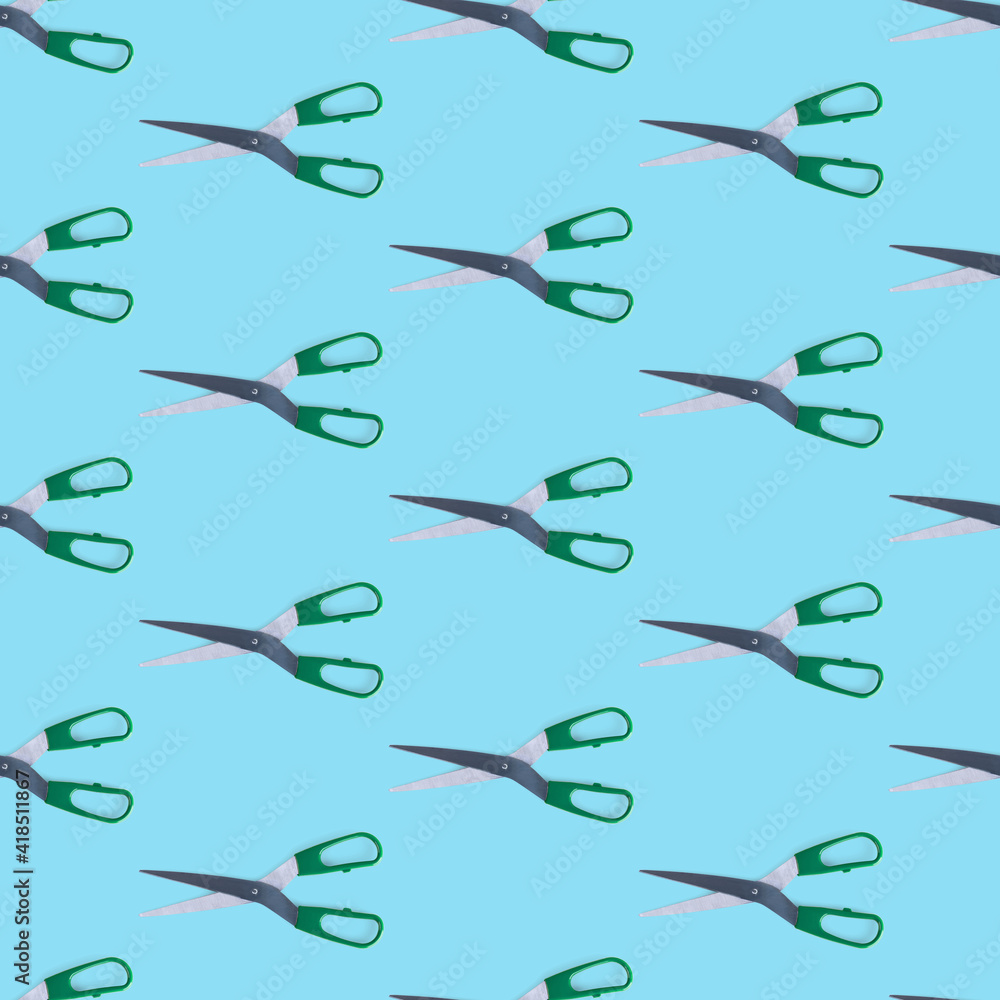 Seamless pattern of scissors separated flat layer. Scissors concept for office supplies, sewing, crafts, kitchen utensils, hairdresser, beauty salon.