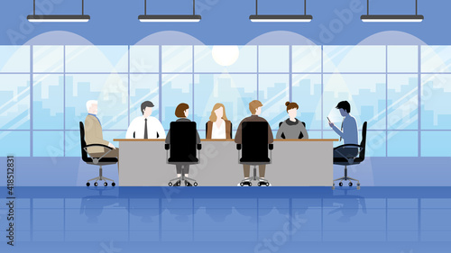 Technology problem smartphone addiction concept. Targeting focus at an office people addict to social network application and ignore colleagues surround in business conference in company meeting room.