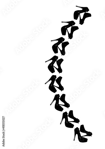 Frames on a white background A4, vertical - Dressed black shoes on the platform with a bow on a high thin heel. Shoes