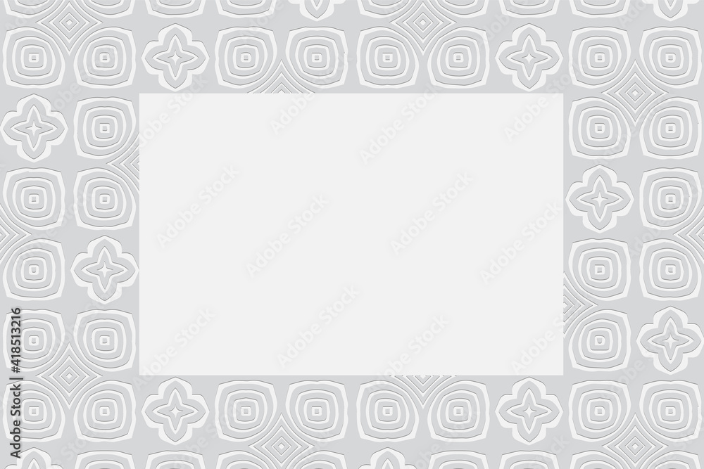 Geometric white background. Volumetric composition with 3D effect of a convex shape. Ethnic relief pattern in the style of minimalism. Frame for text, advertising.