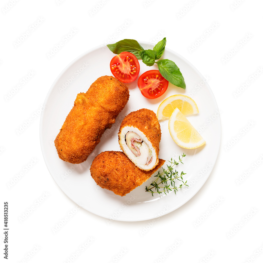 French traditional cuisine crispy, creamy chicken cordon bleu isolated on  white background Stock Photo | Adobe Stock