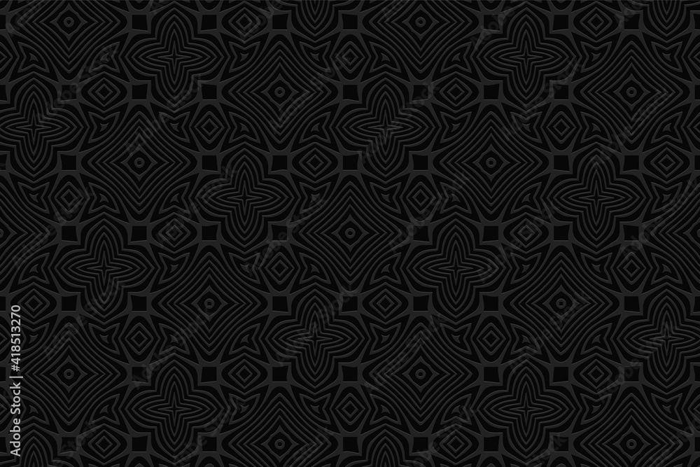 Geometric curly black background. Volumetric composition with 3D effect of a convex shape. Ethnic embossed pattern in the style of oriental doodling for presentations, websites.