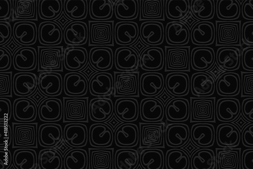 Geometric black background. Volumetric composition with 3D effect of convex shape. Ethnic relief pattern in original style for presentations. 