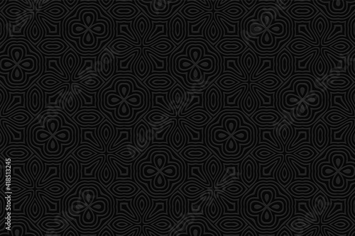 Geometric black background. Volumetric composition with 3D effect of convex shape. Ethnic embossed pattern in abstract style for presentations, websites.