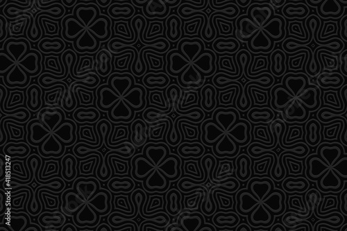 Geometric black abstract background. Volumetric composition with 3D effect of convex shape. Ethnic embossed pattern in folk style for presentations, websites.