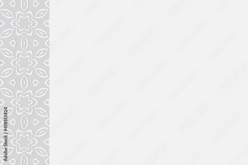 Geometric stylish floral white background. Volumetric original composition with 3D effect of convex shape. Ethnic embossed pattern. Vertical insert. Geometric stylish floral white background. Volumetric original composition with 3D effect of convex shape. Ethnic embossed pattern. Vertical insert.