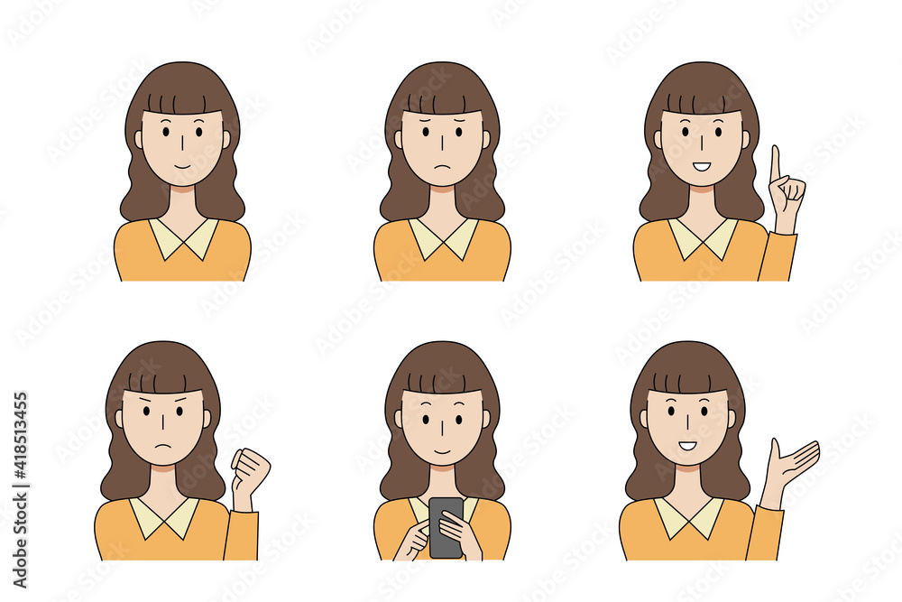 様々な表情をする女性のベクターイラストセット