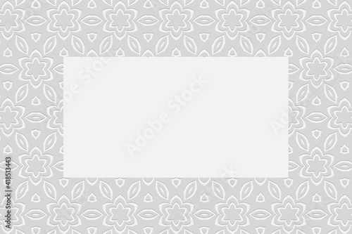 Geometric stylish floral white background. Volumetric original composition with 3D effect of convex shape. Ethnic embossed pattern. Frame for text, advertising.
