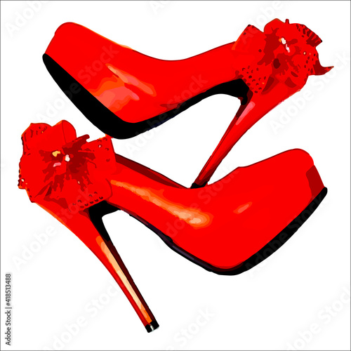 Red elegant shoes on the platform with a bow on a high thin heel. Shoes.