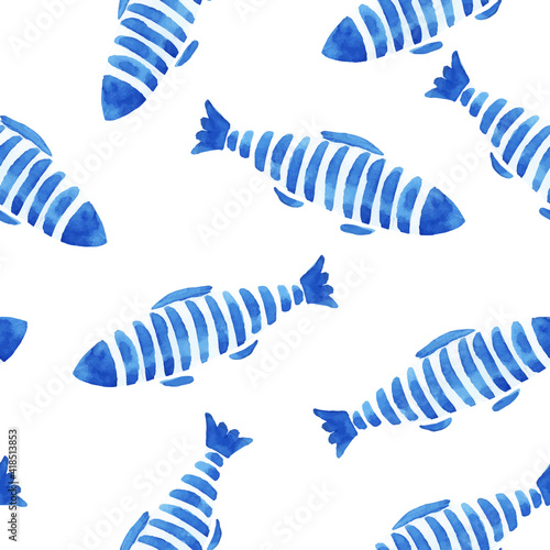 Beautiful vector fashinable seamless pattern with cute watercolor fish. Stock design illustration.