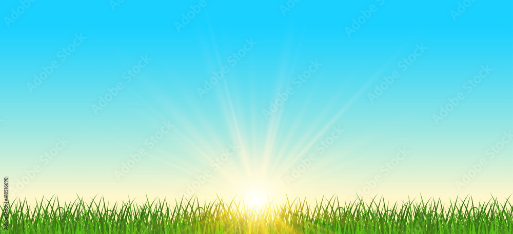 Realistic sunrise over a field of grass. Natural panoramic with bright sunlight background. Sunrise with blue sky and grassy meadow. Sunburst lighting. Vector illustration