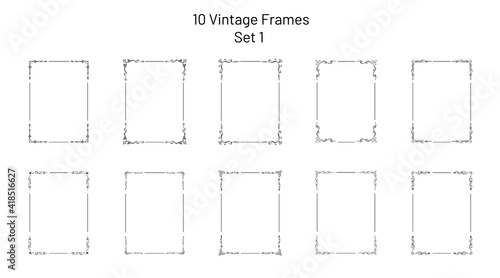 Set of 10 unique retro ornate frames, corner flourishes, collection of exclusive rectangle vignette templates, empty art deco oriental style hand drawn design elements, for pages, blanks, greetings