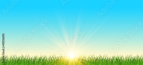 Realistic sunrise over a field of grass. Natural panoramic with bright sunlight background. Sunrise with blue sky and grassy meadow. Sunburst lighting. Vector illustration © Gurt